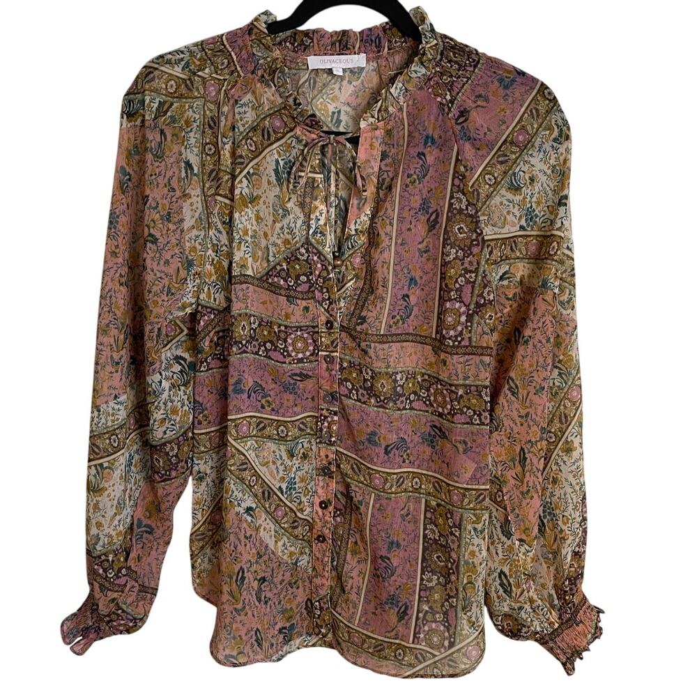Olivaceous Semi Sheer Floral Top Blouse Sz S Ruffle Collar Tie Neck Feminine